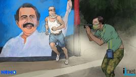 Ilustración de un periodista tomando una foto de un hombre que corre con el rostro cubierto frente a mural de Ortega