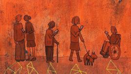 Five people and a dog are seen outlined in orange, against an orange background. Two of the people talk to each other, one stands along with a stick, one walks a dog, and the other is in a wheelchair. All of them look at their mobile phones intently, and all cast shadows on the ground. The shadows are made up of network diagrams, being representative, rather than literal shadows.