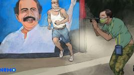 Man taking a photo of a person running in a balaclava by a mural of Nicaraguan President Ortega