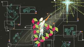 The painting shows a person standing on a staircase made of green and pink cubes, symbolising a Penrose staircase, in a cosmic environment. The person is reaching towards a glowing cross-shaped structure emitting binary code, representing AI's reach into the future. Surrounding the figure are outlined boxes showing various  elements, such as glasses, medical tools, a self-driving car, and financial symbols, interconnected by white lines. The background is dark with star-like dots and features colour-coded b