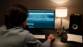 A woman reviewing audio files on her computer