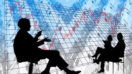 A graph, currency and silhouettes of three people